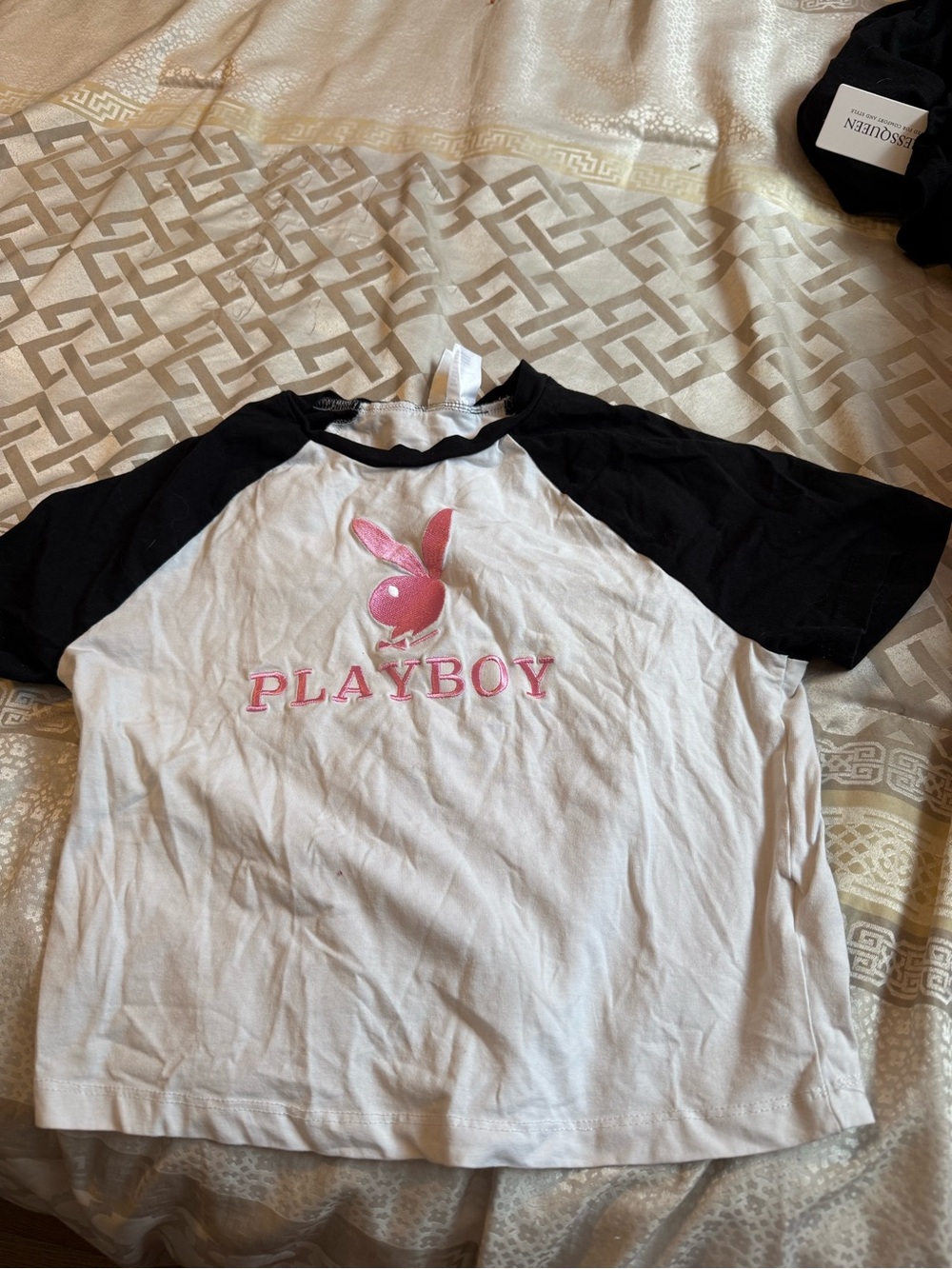 H&M White and Black Raglan Tee with Pink Graphic